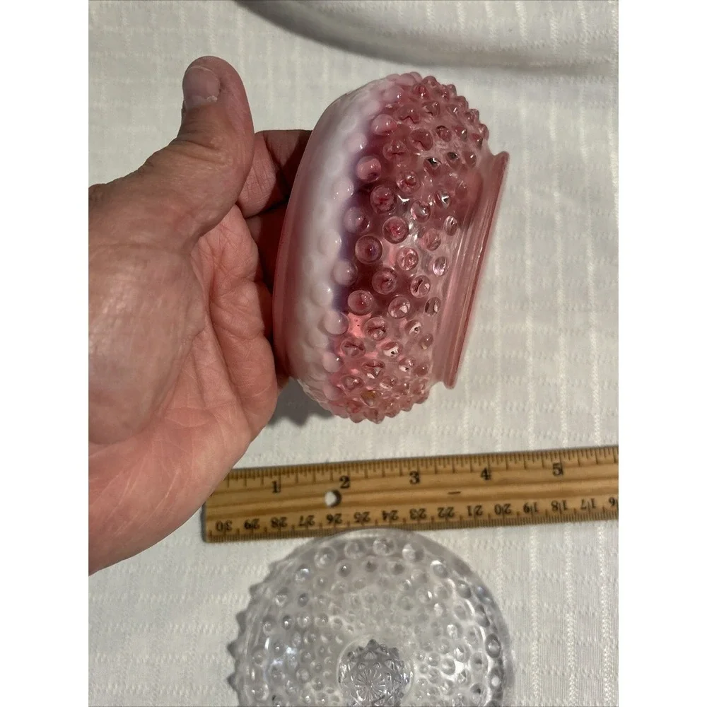 Vintage Fenton Opalescent Cranberry Hobnail Vanity Dresser Powder Box